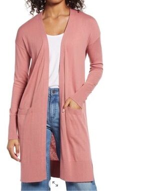 Halogen Open-Front Long Cardigan Sweater - Dusty Rose Pink